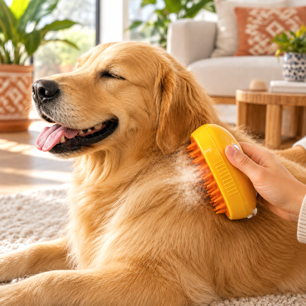 Perro golden retriever cepillado en casa con el cepillo NovaPetHome