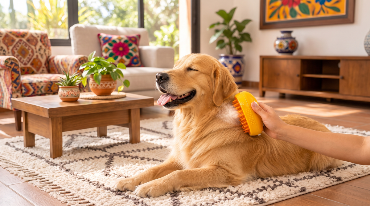 Perro golden retriever cepillado en casa con el cepillo NovaPetHome - banner panoramico